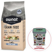 Натурална суха храна Ownat Adult Grain Free Lamb - БЕЗ зърнени култури за пораснали кучета от всички породи, с 68% агнешко месо 14кг + подарък контейнер